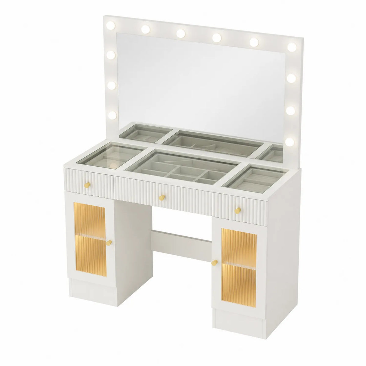 Schminktisch mit Spiegel und LED-Beleuchtung aus MDF und strukturiertem Glas, Weiß/Gold, 120cm