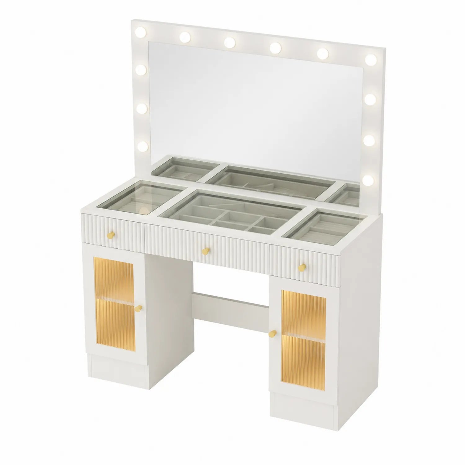 Schminktisch mit Spiegel und LED-Beleuchtung aus MDF und strukturiertem Glas, Weiß/Gold, 120cm