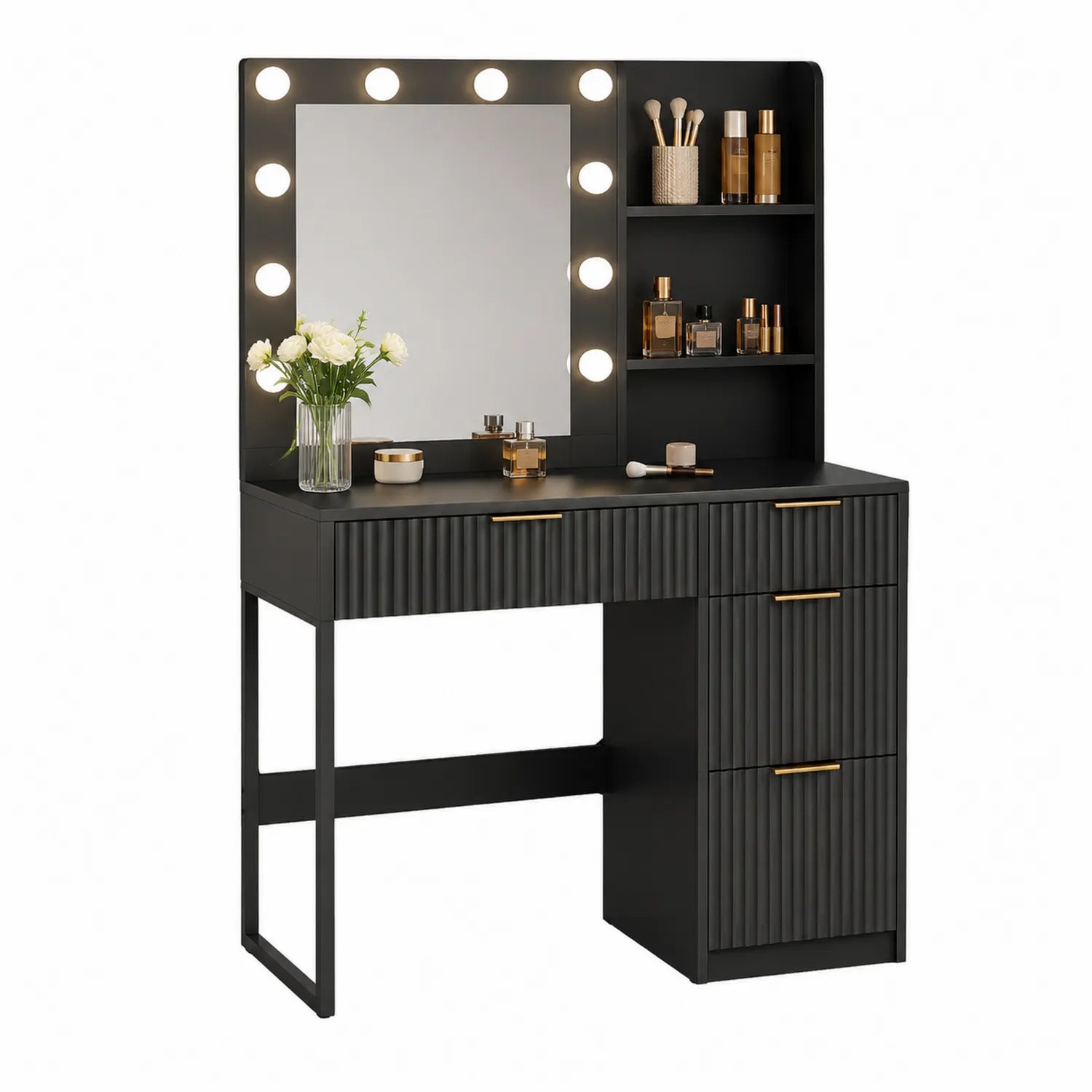 Schwarz MDF Schminktisch mit Spiegel und LED-Beleuchtung