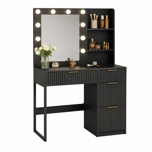 Schwarz MDF Schminktisch mit Spiegel und LED-Beleuchtung