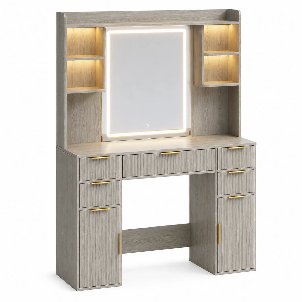 Schminktisch mit LED-Spiegel aus MDF und Sicherheitsglas in Eichenfurnier Grau 155 cm
