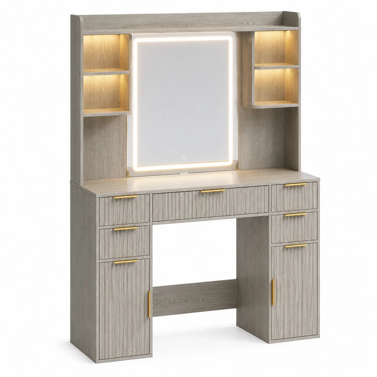 Schminktisch mit LED-Spiegel aus MDF und Sicherheitsglas in Eichenfurnier Grau 155 cm