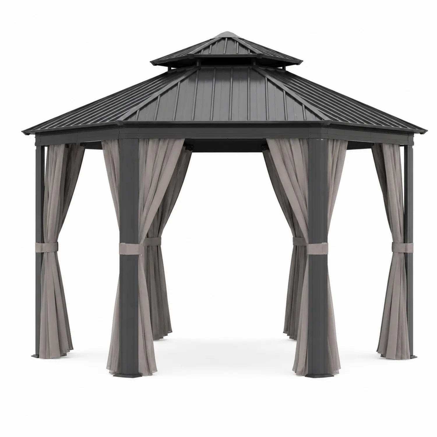 Aluminium Pavillon Dunkelgrau mit Stahl Dach und Polyester Vorhängen