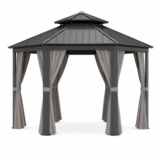 Aluminium Pavillon Dunkelgrau mit Stahl Dach und Polyester Vorhängen