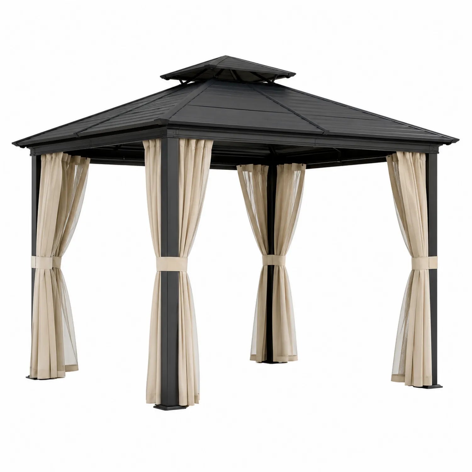 Metall Pavillon mit Polycarbonatdach und Polyester Vorhänge 3x3 m Schwarz/Beige
