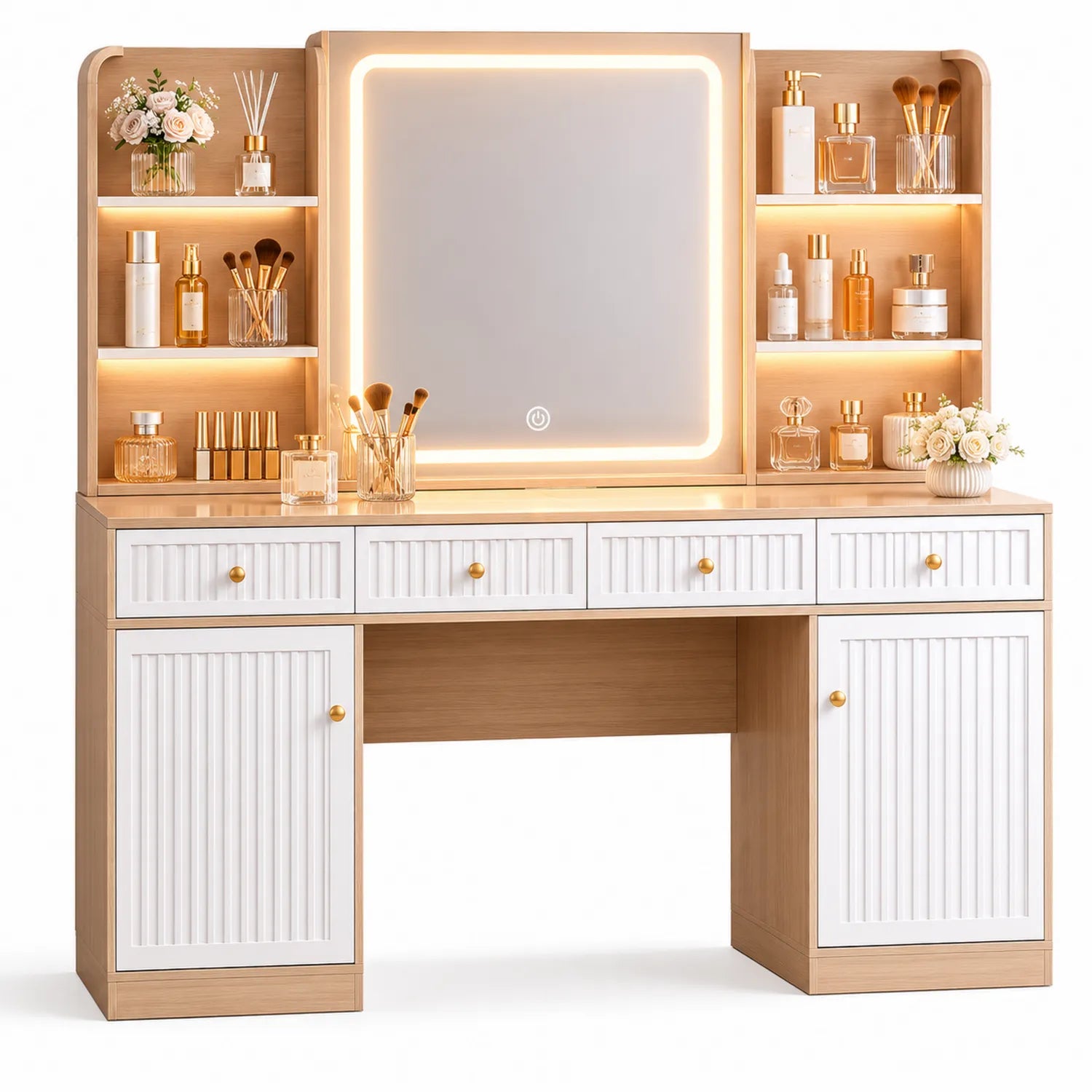 MDF Schminktisch mit LED Spiegel Holz/Weiß