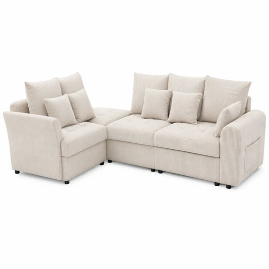 Ecksofa Beige Kordstoff L-Form 300x220 cm mit Kissen