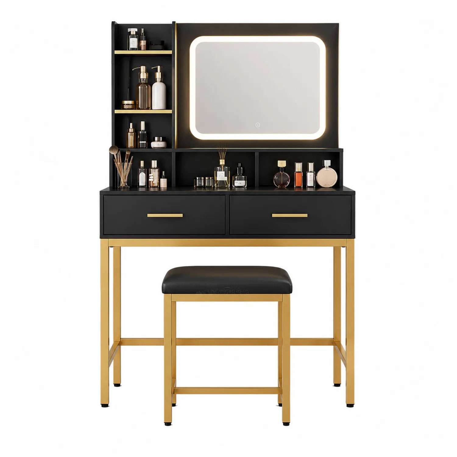 Schminktisch-Set mit LED-Spiegel Schwarz/Gold