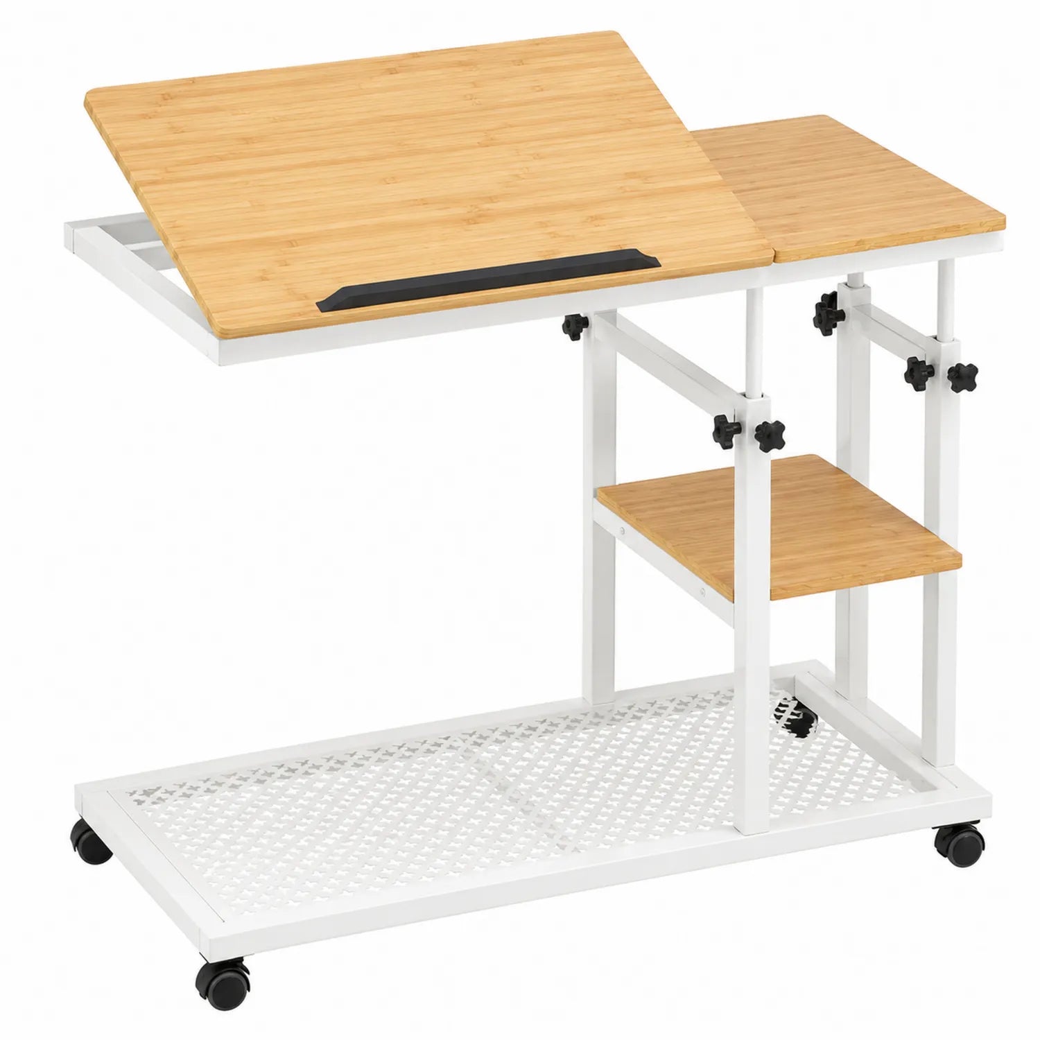Höhenverstellbarer Laptoptisch aus Bambus mit Rollen und weißem Stahlrahmen